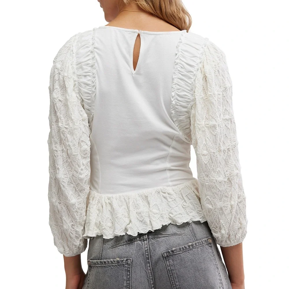 NWT Free People Oliva Contrast Stitch Knit Top Optic White Sz L